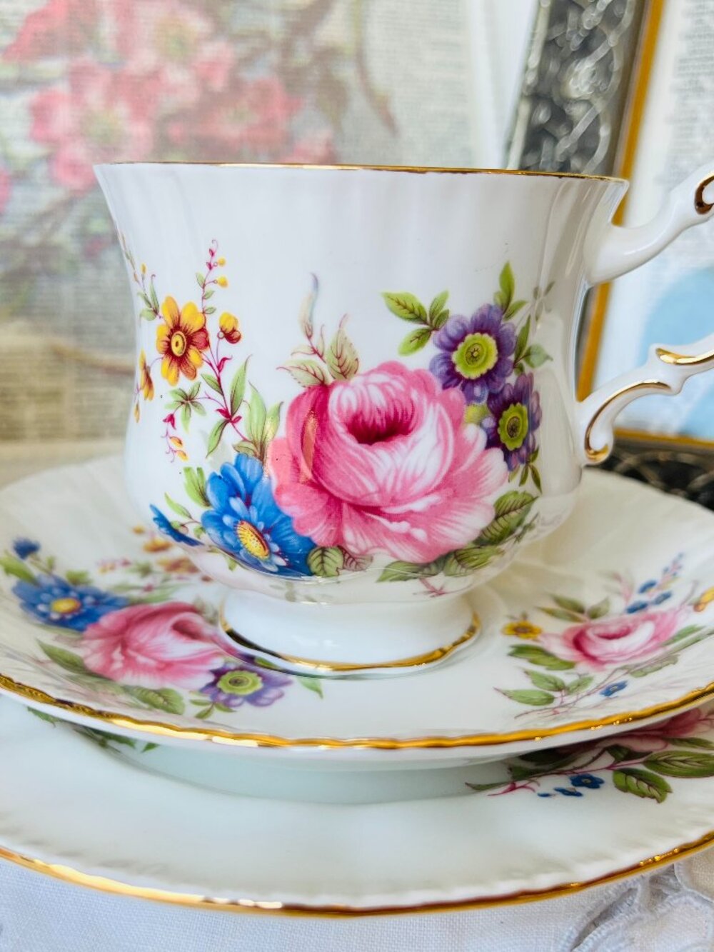 Pink Roses English Teacup Saucer and Plate